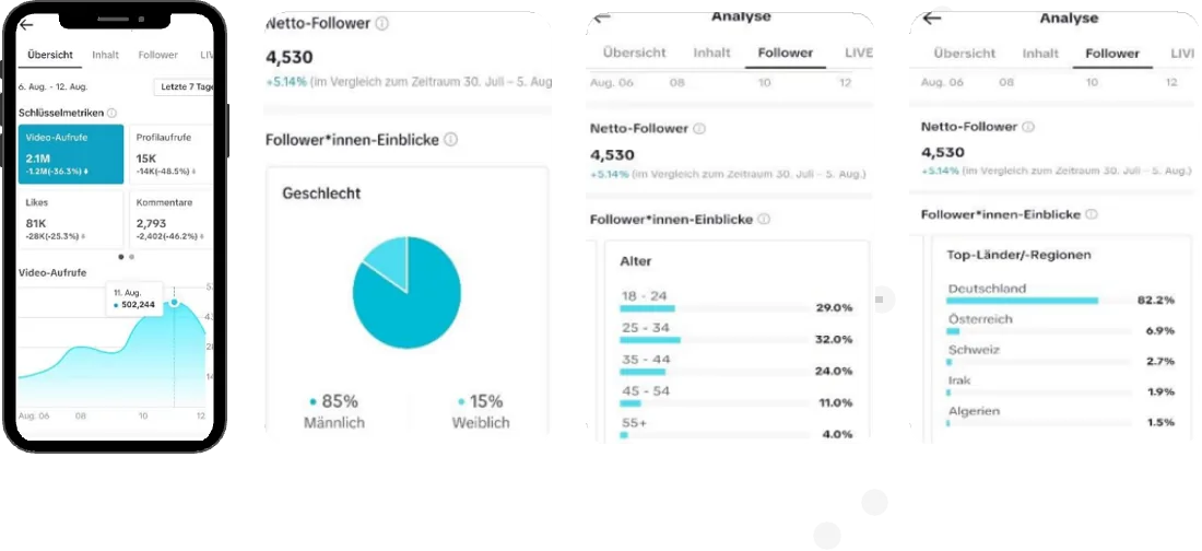 TikTok-Statistik, 7 Tage: 2,1 Mio. Videoaufrufe, 81.000 Likes. Follower zu 85 % männlich. Alter: 18–24 Jahre 29 %, 25–34 Jahre 32 %, 35–44 Jahre 24 %, 45–54 Jahre 11 %, über 55 Jahre 4 %. Deutschland 82,2 %, Österreich 6,9 %, Schweiz 2,7 %.